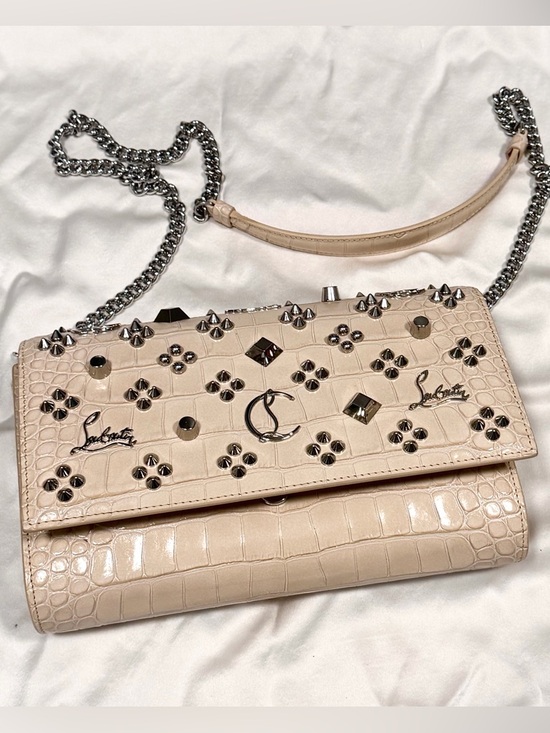 Christian Louboutin Handbags - Christian Louboutin Nude Croc-Embossed Studded Shoulder Bag with Chain